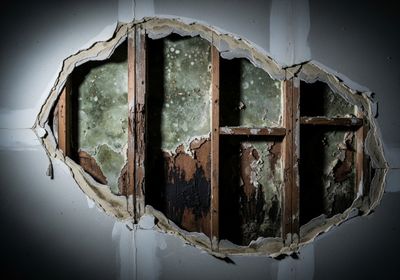 Damaged wall with visible mold and rotten wood