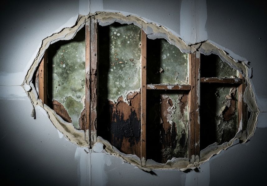 Damaged wall with visible mold and rotten wood
