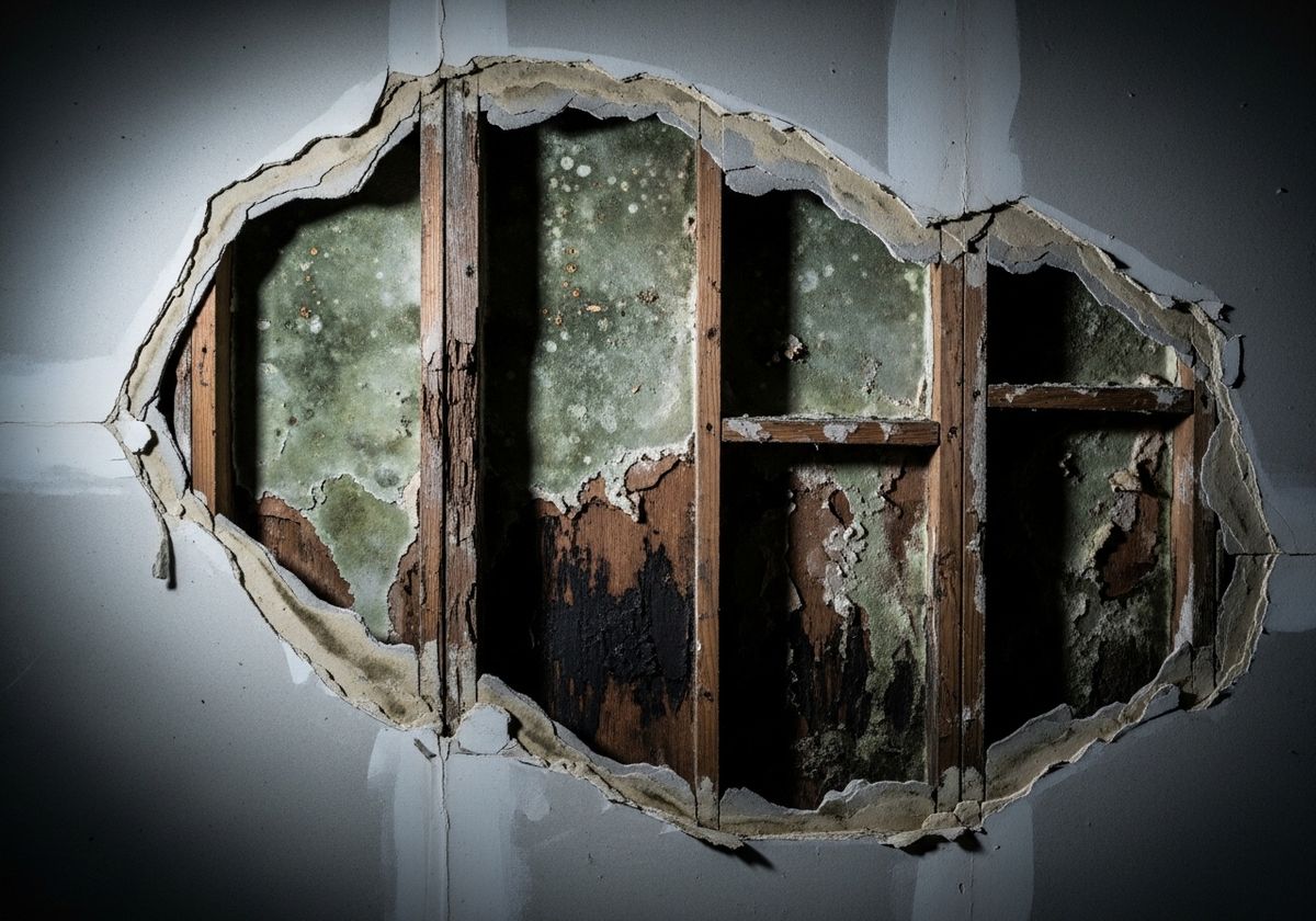 Damaged wall with visible mold and rotten wood