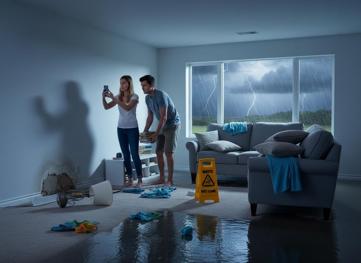 Couple surveys flood damage in living room during thunderstorm