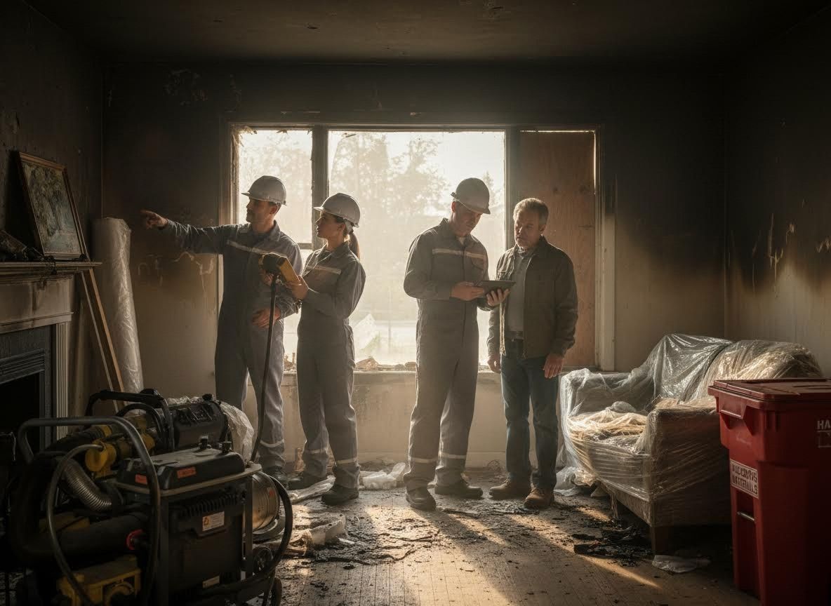 Fire Damage Restoration Team Inspecting Burned Home