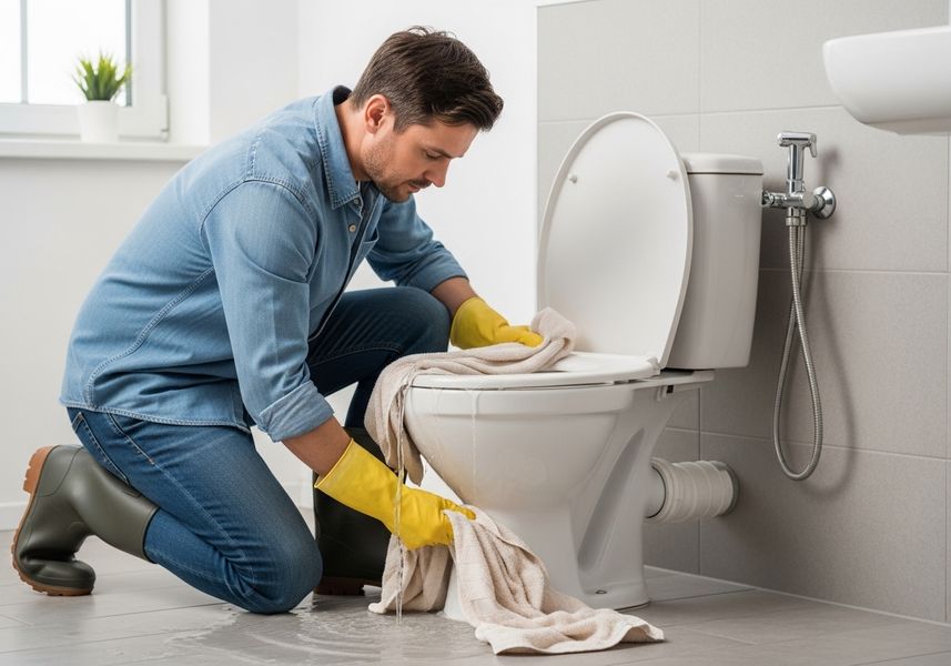 Man Cleaning Toilet in Bathroom
