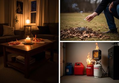 A collage depicting fire hazards: a candle and burning papers in a living room, a person smoking near dry leaves, and fuel containers ablaze in a garage, highlighting fire safety risks in different environments. Fire Safety Hazards Collage