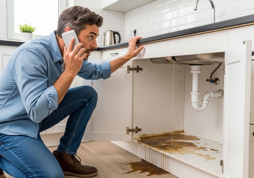 Man on phone inspecting leaking sink
