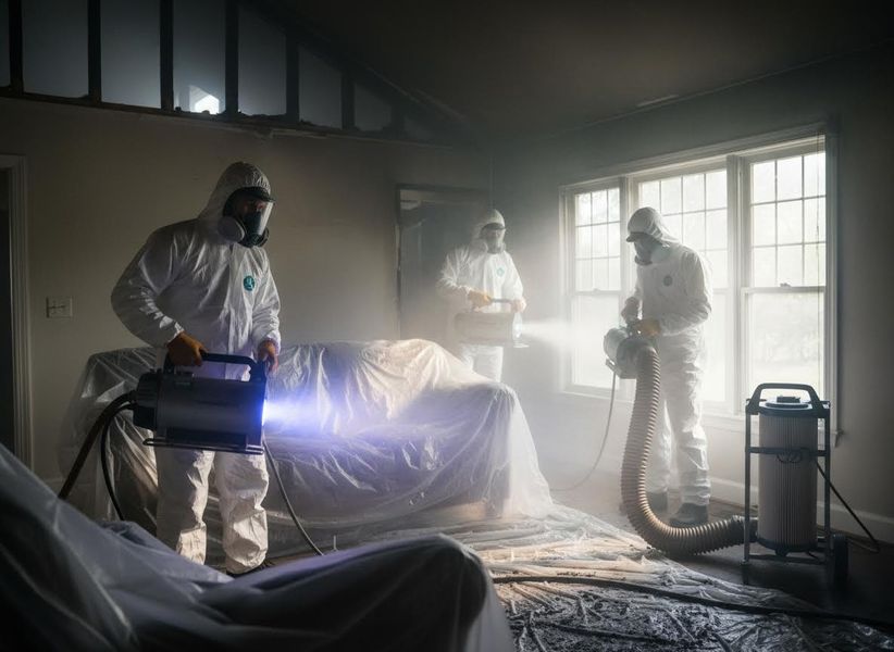 Three professionals in white hazmat suits and respirators use specialized equipment to clean a smoke-damaged room with covered furniture. Three remediation specialists in hazmat suits cleaning a damaged room