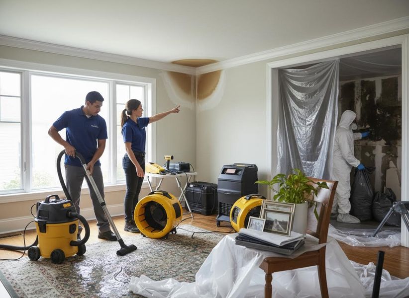 Restoration team works on a water-damaged home. One vacuums wet carpet, another points at ceiling stains, and a third removes mold. Water Damage and Mold Remediation Service