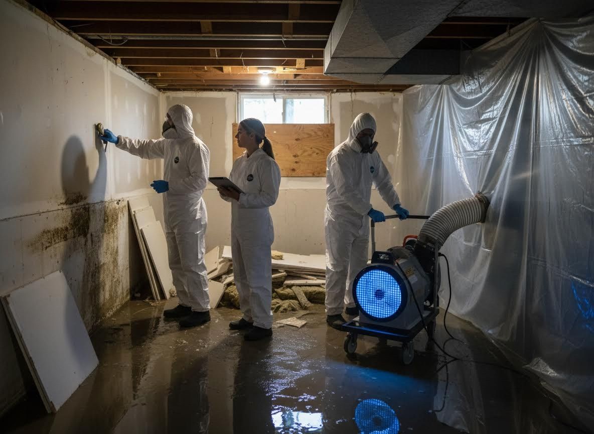 Mold remediation and water damage cleanup in a flooded basement