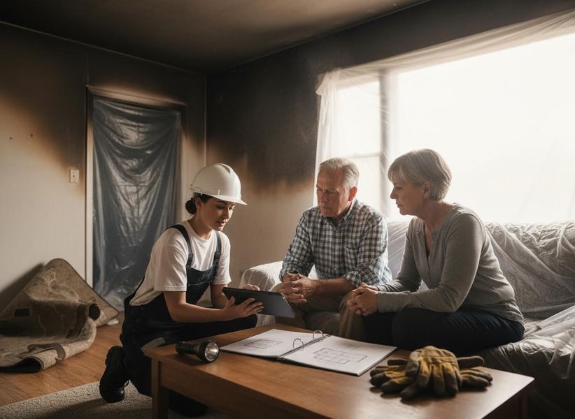 A female contractor in a hard hat and overalls shows plans on a tablet to an older couple sitting on a plastic-covered sofa in their fire-damaged home. Contractor Discusses Fire Damage Restoration with Homeowners