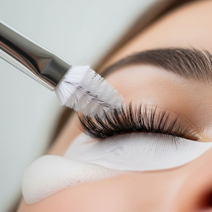 Gently cleansing eyelash extensions with a soft brush.