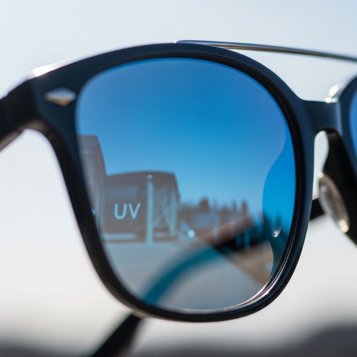 A close-up of chic sunglasses reflecting a blue sky, symbolizing UV protection.