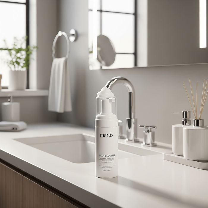A bottle of gentle, foaming lash cleanser in a modern bathroom