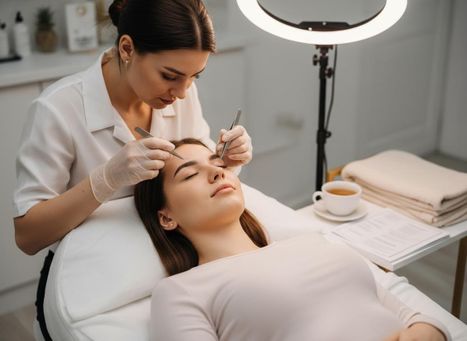 A beauty professional in gloves uses tweezers to meticulously groom a client's eyebrows or apply eyelashes under a bright ring light. Beautician Performing Eyebrow or Eyelash Treatment