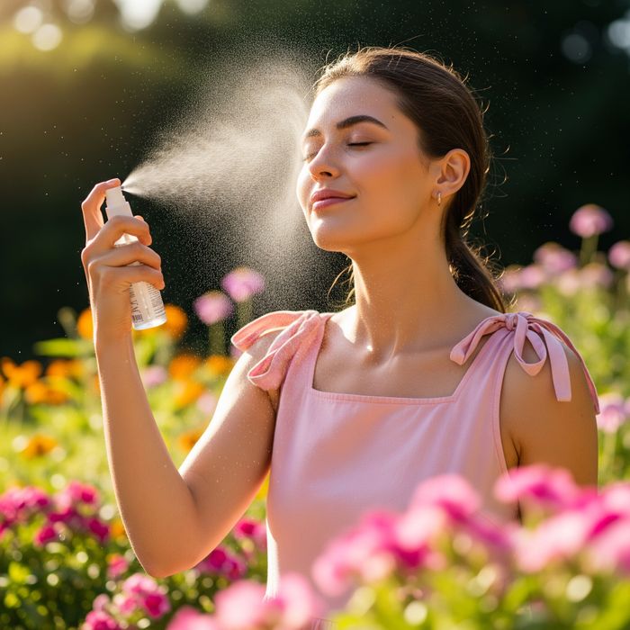 A woman looking refreshed while misting her face with a hydrating spray.