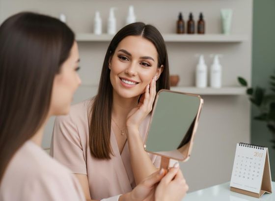 A woman with dark hair in a pink top smiles, looking at her reflection in a handheld mirror, touching her cheek. Happy woman examining her skin in a mirror
