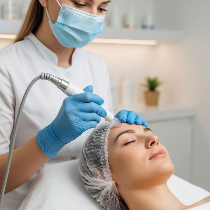 Spa professional performing painless extractions on a client's face