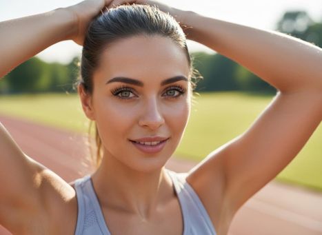 A fit woman with dark hair and green eyes smiles, holding her hair back. She wears a light sports bra, with a blurred running track behind her. Close-up of a smiling young woman in sportswear