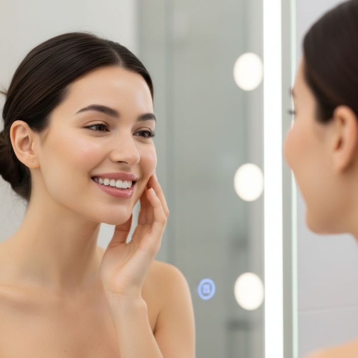 Happy woman admiring her glowing skin in a mirror