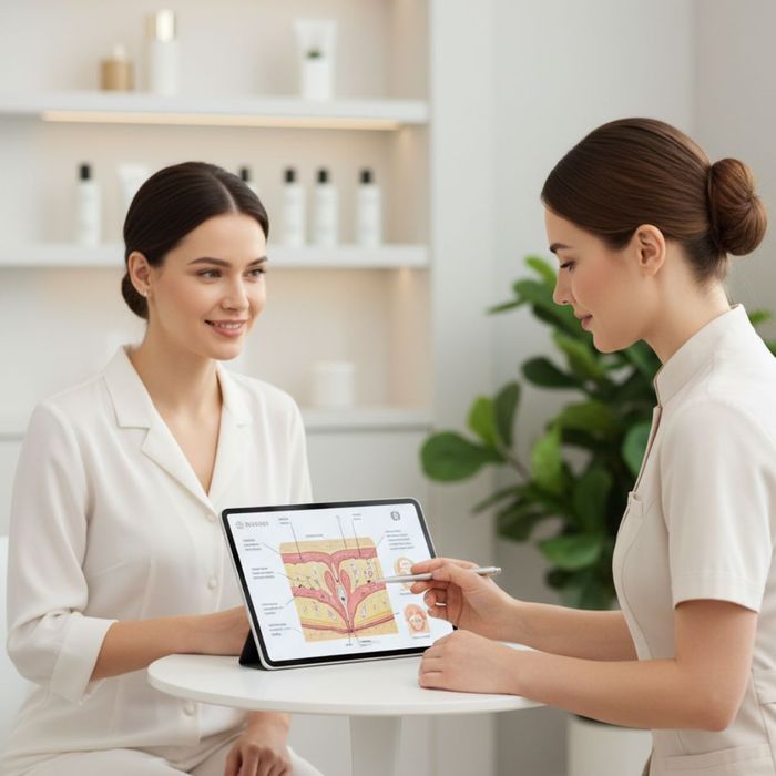 Skincare professional consulting with a client, pointing at a diagram.