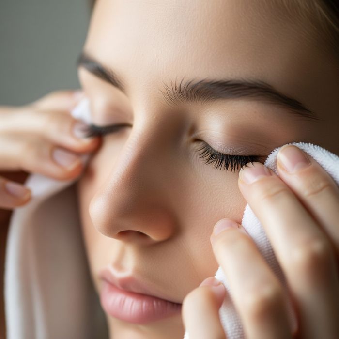 A woman gently patting her eyelash extensions dry.