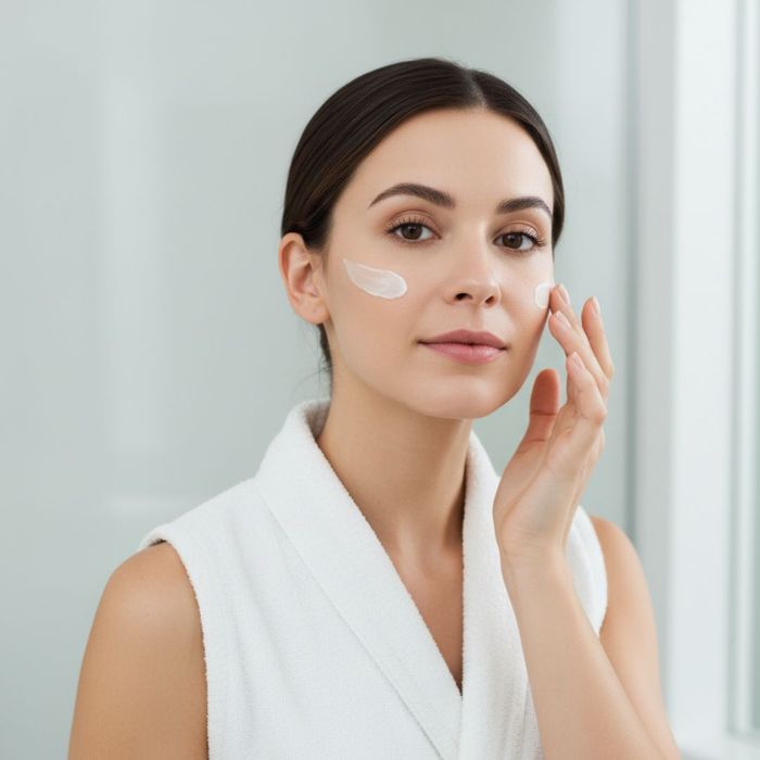 Woman applying moisturizer to her face in a well-lit bathroom.
