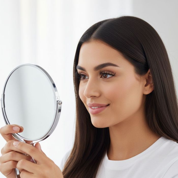 Woman holding up a mirror, admiring her new lashes