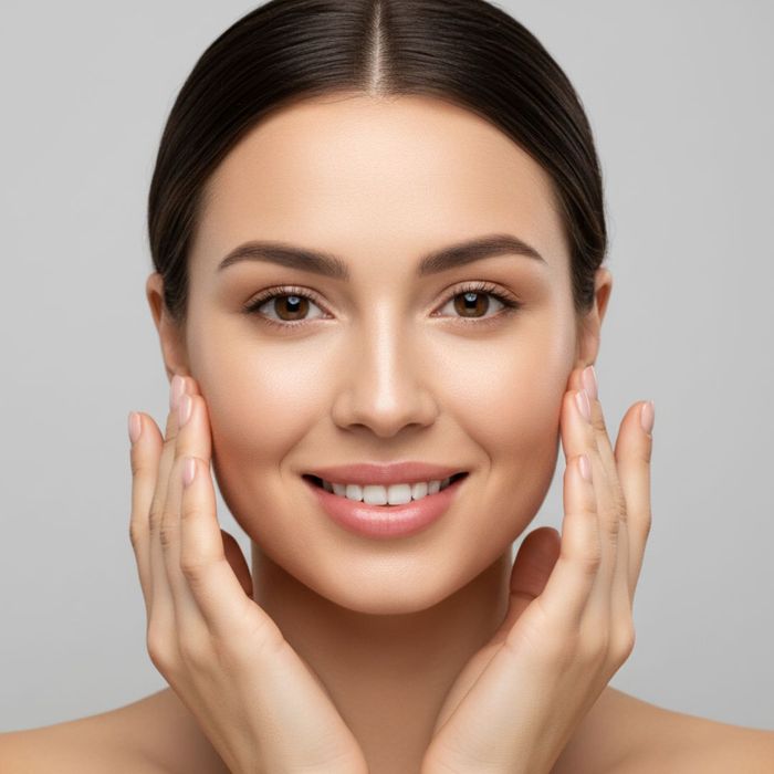 Woman happily touching her smooth, glowing skin after a treatment.