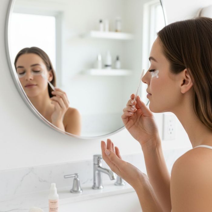 Woman gently cleaning her lash extensions with a brush