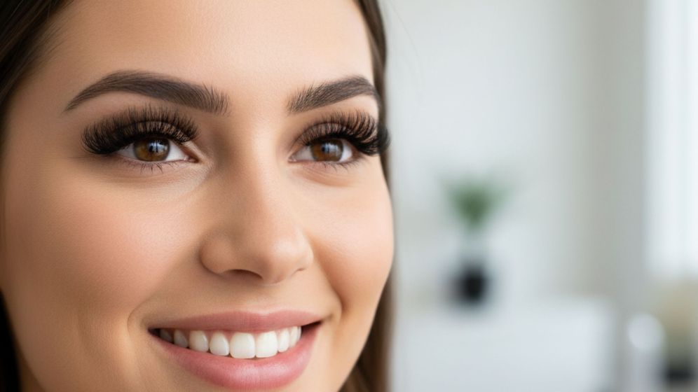 Close-up of a woman smiling with beautiful lash extensions