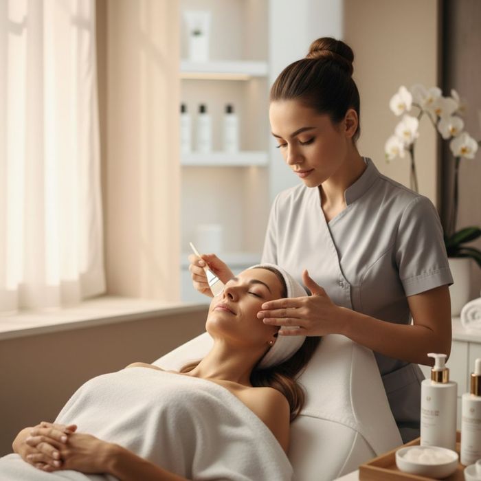 A skincare professional applying a peel solution to a client's face.