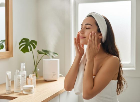 Woman enjoying facial mist with skincare products