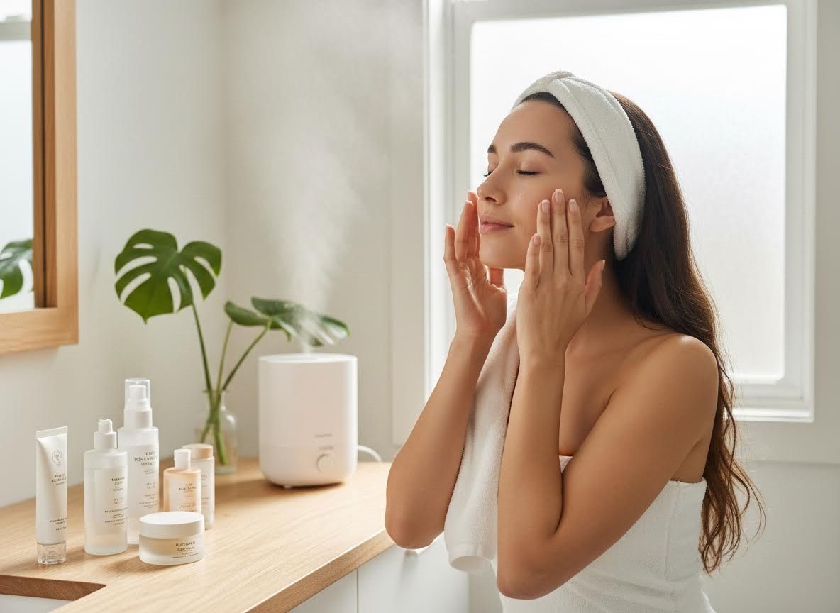 Woman enjoying facial mist with skincare products