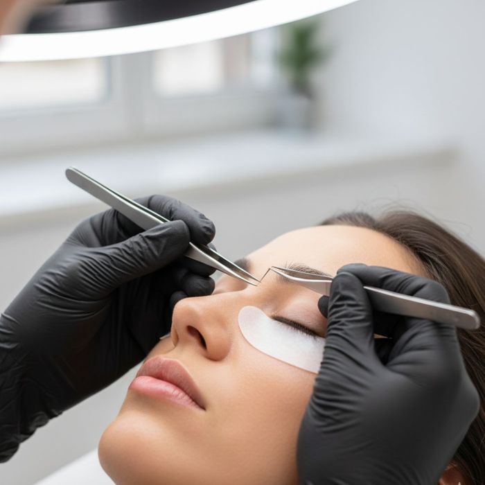 Lash artist applying extensions to a client's eye