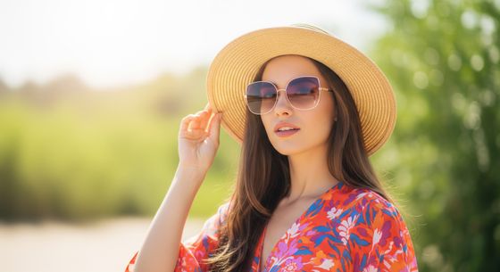 A stylish woman with lash extensions wearing a sun hat and sunglasses in a sunny setting
