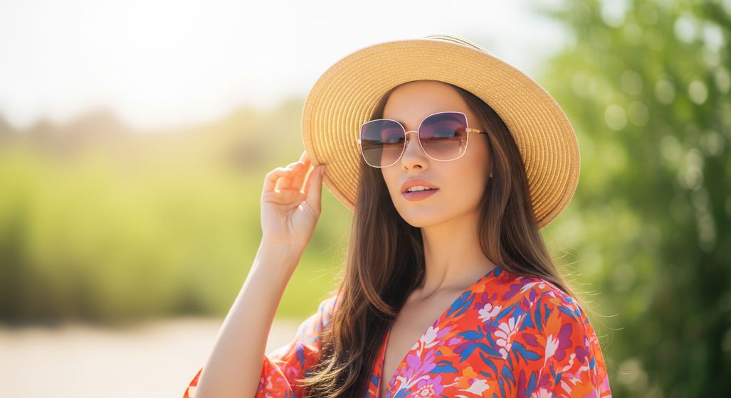A stylish woman with lash extensions wearing a sun hat and sunglasses in a sunny setting