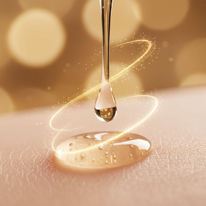 A golden serum droplet falling onto smooth skin with a swirling light effect, symbolizing enhanced absorption and deeper skincare product efficacy.