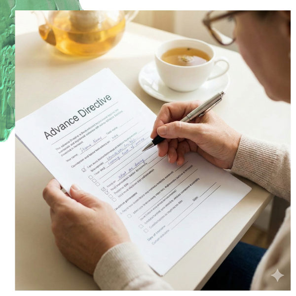 An Advance Directive document sitting on a clean wooden desk next to a pair of glasses and a plant, representing clear future planning.