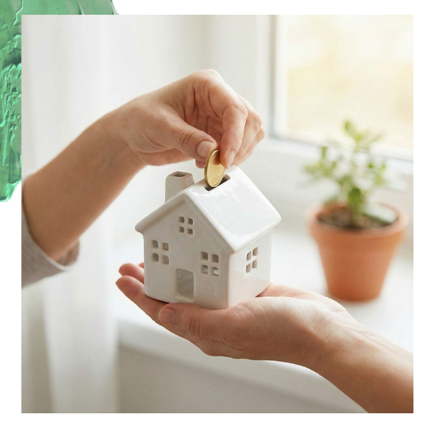 Hands placing a coin into a ceramic house piggy bank, illustrating the asset protection benefits of a living trust.