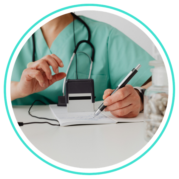 healthcare worker writing in notebook