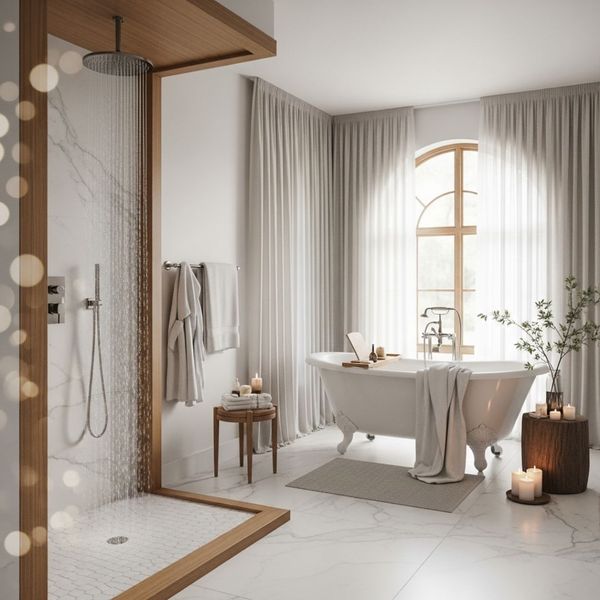 a serene, spa-like bathroom with a large rainfall shower and an elegant freestanding soaking tub