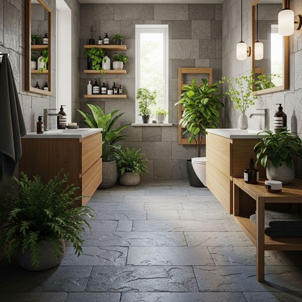 a bathroom with a nature-inspired design, featuring a light wood vanity, stone floor tiles, and several green plants
