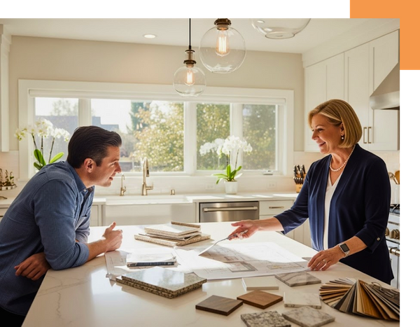 an expert kitchen designer consulting with a homeowner in a bright, modern kitchen, reviewing design plans and material samples together on the island