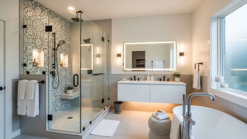 a luxurious and modern remodeled bathroom featuring top trends like a freestanding tub and a large walk-in shower with patterned tiles