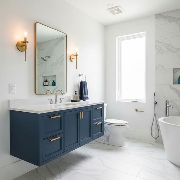 a bathroom making a bold statement with a dark blue floating vanity, complemented by elegant gold sconce lighting and white marble tile