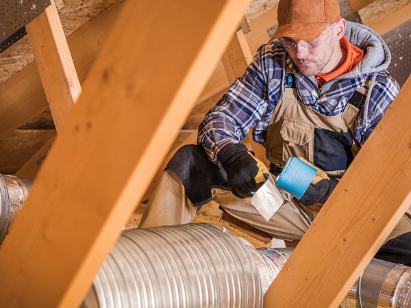 Man sealing duct in attic.