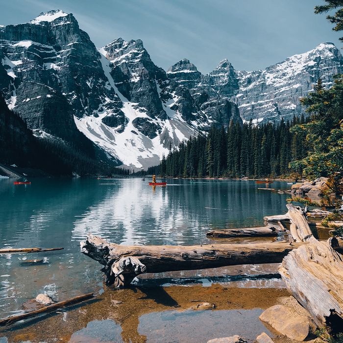 Canmore lake with people on it