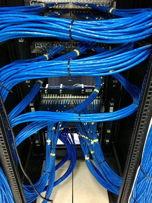 System of blue cables within an IT infrastructure system. 