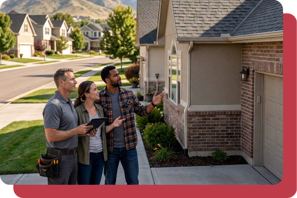 A contractor and a young couple stand in a driveway, looking up and gesturing toward the roof and gutters of a brick and tan suburban home.