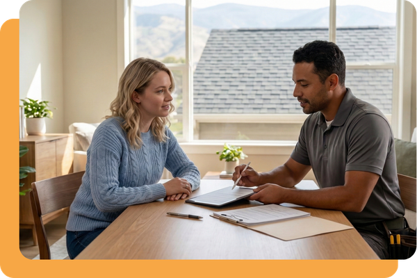 A male contractor in a grey polo shirt sits at a wooden dining table, using a stylus on a tablet to discuss paperwork with a woman.
