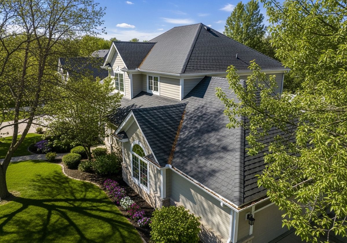 Aerial View of a Suburban Home with Lush Landscaping