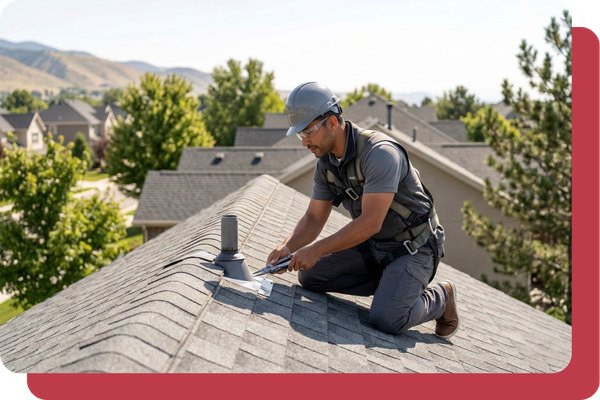 A roofing professional wearing a hard hat, safety glasses, and a fall-protection harness works on a shingled roof near a vent pipe.